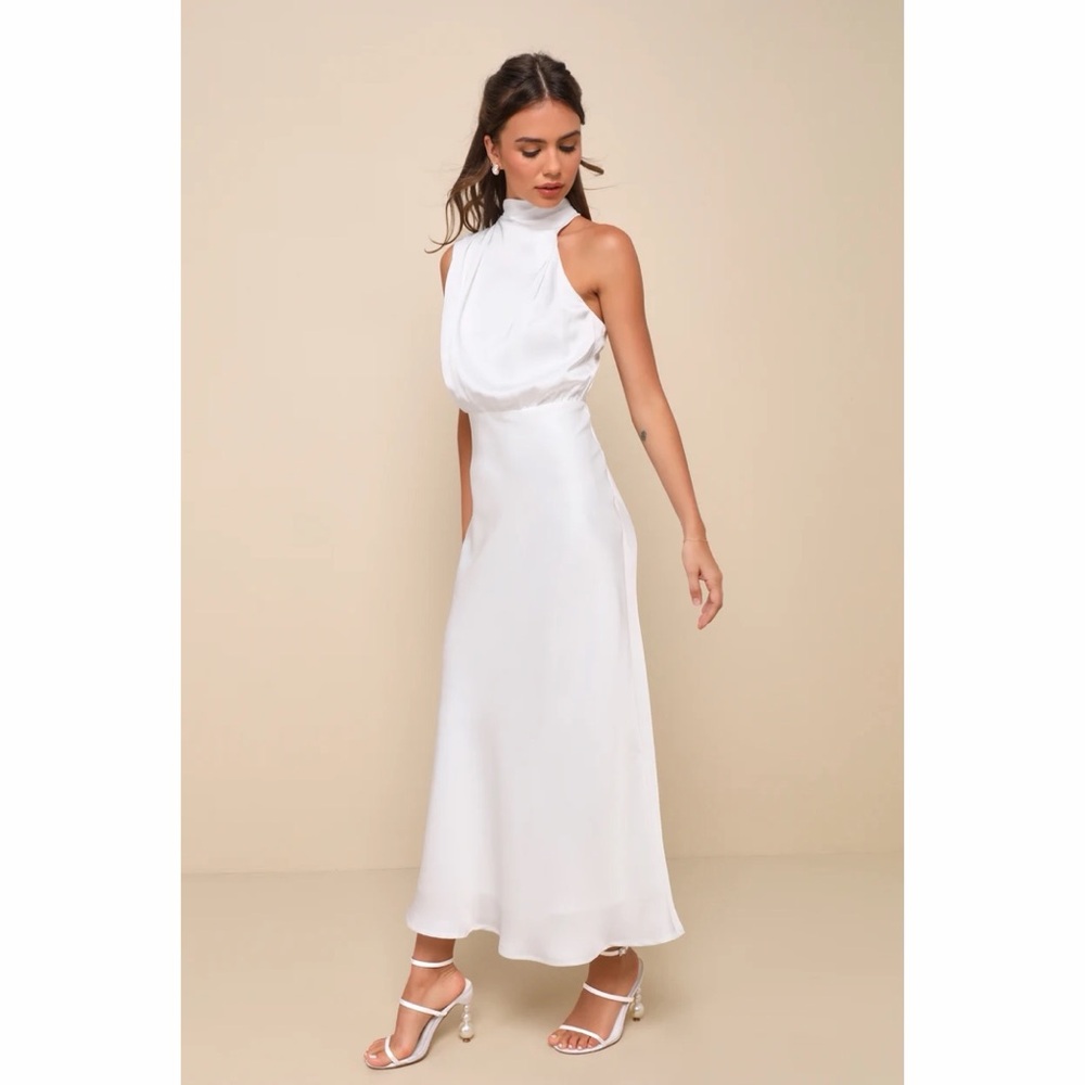 NWT Lulus Distinctive Charm White Satin Asymmetrical Midi Dress